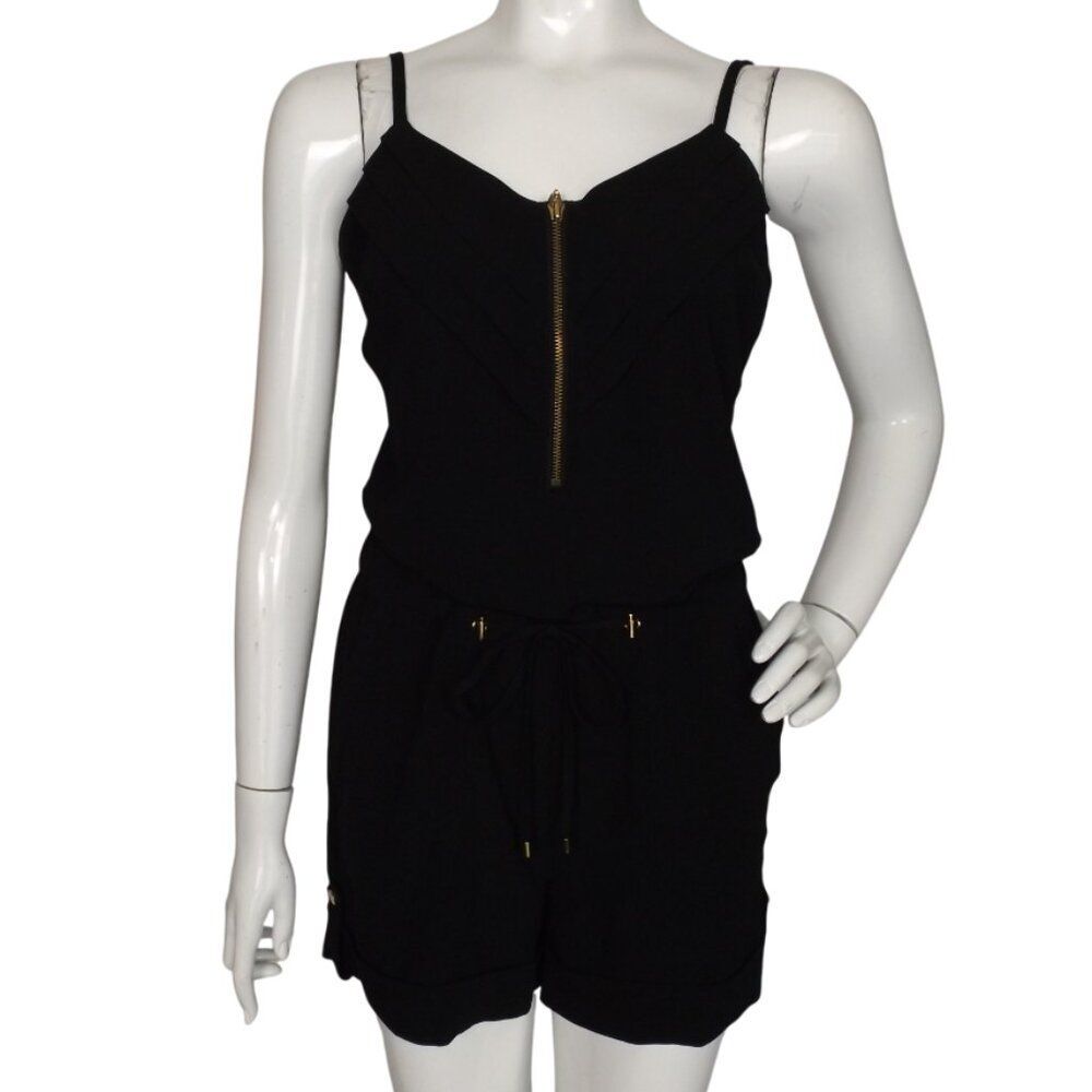 CACHE Romper, S, Black, Spag Straps, Pockets, Drawstring/elastic Waist, Zipper